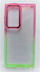 Луксозен твърд гръб кристално прозрачен за Samsung Galaxy S23 Ultra 5G SM-S918B розово зелен кант 